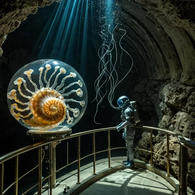A horizontal, eyelevel medium shot of a vast, subterranean observatory carved into the hollow interior of a giant, fossilized nautilus shell, where the spiral chambers are filled with clear, static water that acts as a giant refracting lens. Suspended in the water are thousands of delicate, glowing jellyfishlike creatures made of spun gold wire and translucent silk, each pulsing with soft, rhythmic light that casts intricate, weblike shadows on the surrounding stone walls. In the foreground, a scientist wearing a streamlined, deepsea diving suit with a glass helmet filled with oxygenated helium leans against a railing made of polished coral, examining a holographic display of star charts projected from a central, floating orb of liquid light. The