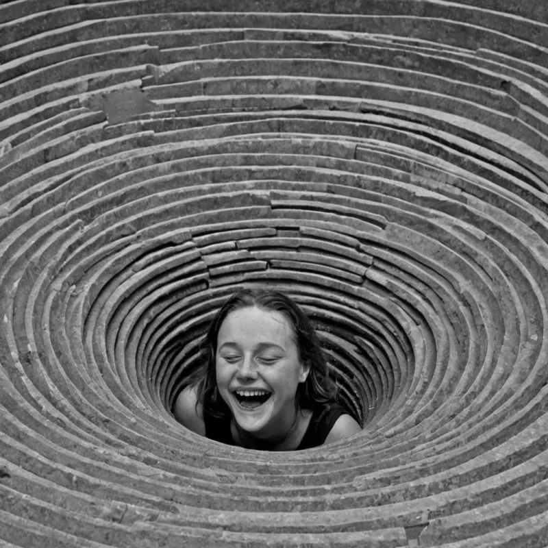 A single, selfresonating column of reversed laughter, shaped like a 4,207dimensional cascade of unformed mirth and inverted joy, erupts from the center of a vast, inverted amphitheater of solidified silence. Each ripple is spun from the exact moment between a sound leaving the lips and its refusal to travel through air, a joke forming in the mind and dissolving into nonhumor, a shared grin fading into the void and collapsing into pure, unmeasured nonconnection. The cascade does not amplify emotionit unamplifies it, each trembling wave shedding a layer of affective potential that never coalesced into warmth, synchrony, or the weight of being understood. As it expands outward