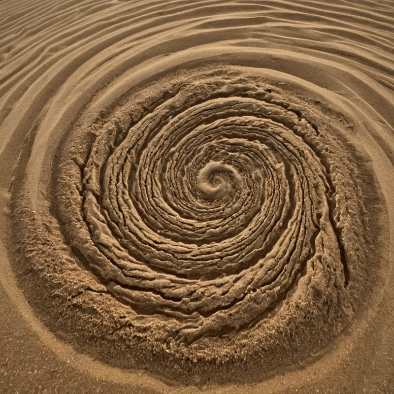 A single, selforganizing cluster of solidified wind, shaped like a fractal, nonlinear vortex of reversed atmospheric pressure, pulses at the center of a vast, inverted desert suspended in the thermodynamic limbo between two unformed monsoons. The cluster does not blowit unbreathes, each spiral unraveling a layer of turbulence that never coalesced into a storm, reforming into ephemeral, ochreveined gusts shaped like the negative space between two dunes that never shifted in the same moment of mutual erosion. The desert is not aridit is a layered expanse of petrified air, each sand grain etched with the kinetic residue of a gust that was almost felt, its d