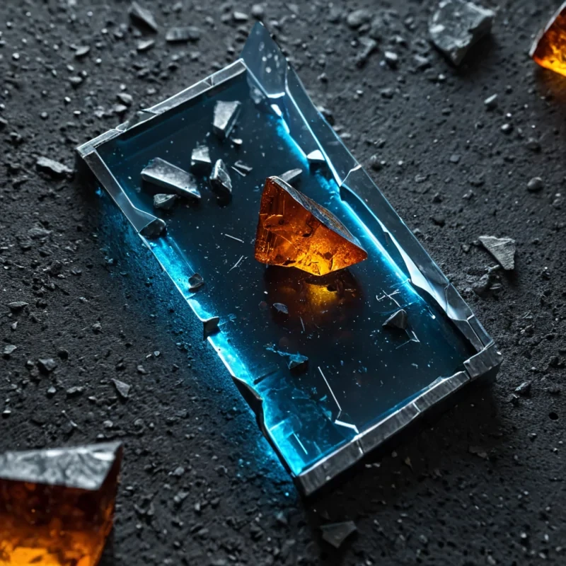 A macro, hyperrealistic shot of a fractured, ancient tablet made of compressed, fossilized amber, resting on a bed of crushed, matte silver metallic dust. The tablet is split into three irregular shards, each floating slightly above the surface in a state of magnetic levitation, separated by millimeter gaps filled with a faint, shimmering haze of blue neon gas. Embedded within the translucent amber of each shard are not insects, but preserved, microscopic snapshots of a bustling, futuristic cyberpunk street market, frozen in time with visible motion blur and neon reflections. The lighting is harsh and direct, coming from a single, intense white spotlight above, creating deep, sharp shadows that emphasize the rough, crystalline edges of the broken shards. The background is