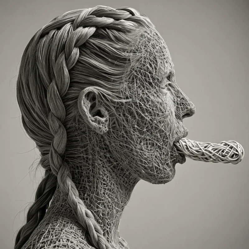 A single, selfsynthesizing filament of reversed language, shaped like a 9,142dimensional braid of unformed syntax and inverted semantics, thrums at the center of a vast, inverted archive of solidified silence  each scroll carved from the exact moment between a word forming on the tongue and its refusal to be spoken, a sentence being written and dissolving into nonlinguistic stillness, a whisper escaping the lips and collapsing into pure, unmeasured nonmeaning. The filament does not communicate  it uncommunicates, each unraveling strand shedding a layer of semantic potential that never coalesced into shared understanding, reforming into ephemeral, opalveined afterimages shaped like the negative