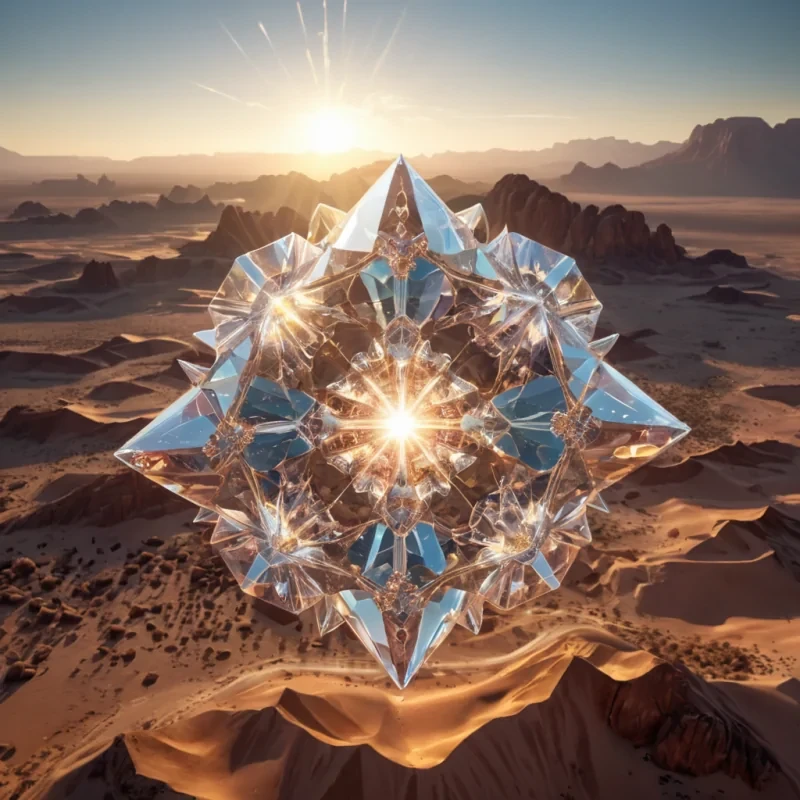A colossal, crystal structure floating in the sky, its facets reflecting a kaleidoscope of light onto the desert landscape below, as tiny, hovering drones weave intricate patterns within its glowing core, hyperrealistic, 4K, cinematic lighting, volumetric lighting, atmospheric effects, bokeh effect, vibrant colors, detailed textures.