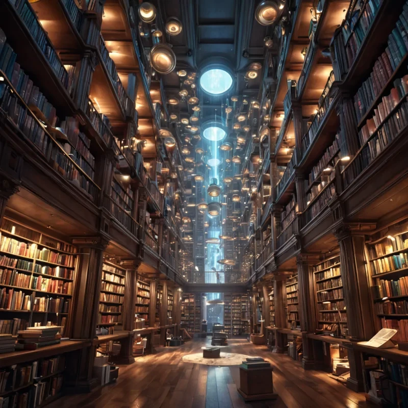 A sentient, metallic library sprawls across a bustling, vertical cityscape, its shelves stretching skyward, filled with levitating tomes that emit soft, ethereal glows, while tiny, robotic librarians flit about, maintaining the endless collection, hyperrealistic, 4K, cinematic lighting, volumetric lighting, atmospheric effects, dynamic lighting, lens flare, vibrant colors, detailed textures.