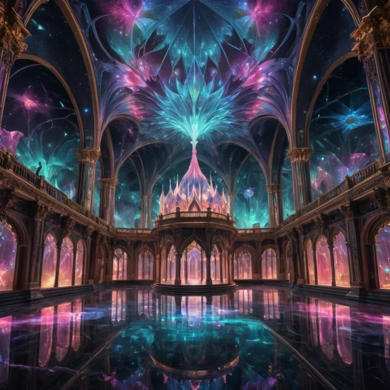 A hyperrealistic, 4K, ultra HD depiction of a surreal, crystal palace floating in an endless, starlit void. The palaces faceted walls shimmer in a kaleidoscope of prismatic colors, etched with intricate, geometric patterns that seem to shift and flow like liquid light. Volumetric lighting from distant, pulsating nebulae casts a mesmerizing glow on the ethereal, floating inhabitants, their translucent forms drifting in graceful, zerogravity ballets. Photorealistic, fractal auroras dance across the palaces crystalline spires, their vibrant hues reflecting off the shimmering, luminescent pools that cascade from the palaces highest points. In the heart of the palace, a towering, crystall