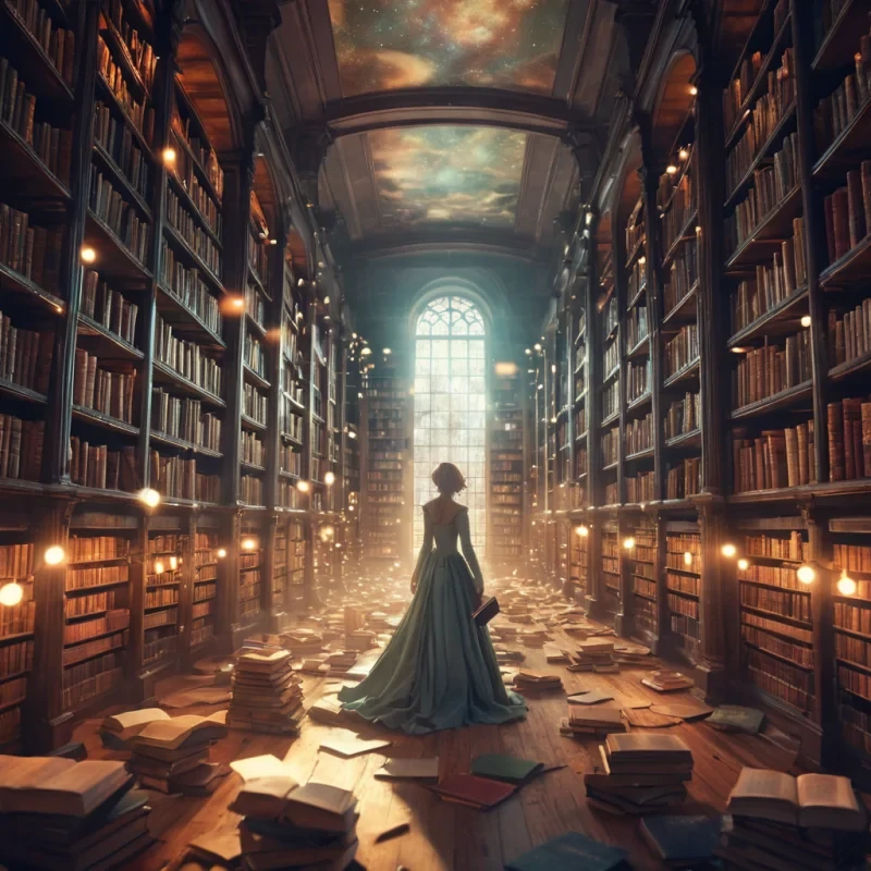 A vast, abandoned library with towering bookshelves filled with glowing, liquidfilled tomes, where a lone, spectral librarian floats among the stacks, hyperrealistic, ultra HD, cinematic lighting, volumetric lighting, atmospheric effects, dynamic lighting, bokeh effect, soft focus, lens flare, pastel tones, detailed textures.