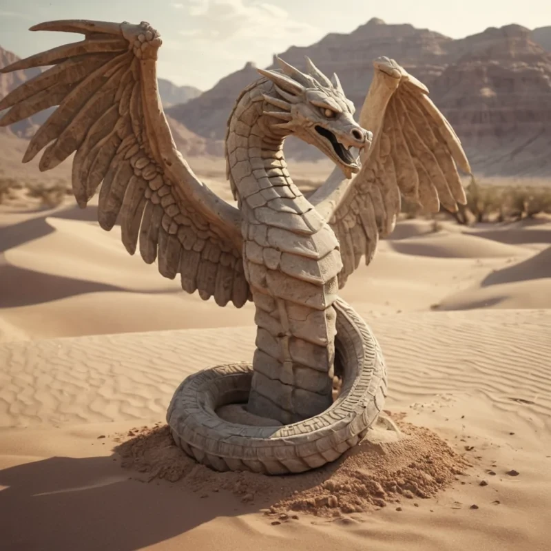 A lone, ancient stone statue of a winged serpent, slowly being reclaimed by the desert sands, hyperrealistic, 4K, cinematic lighting, volumetric lighting, atmospheric effects, soft focus, pastel tones, detailed textures.