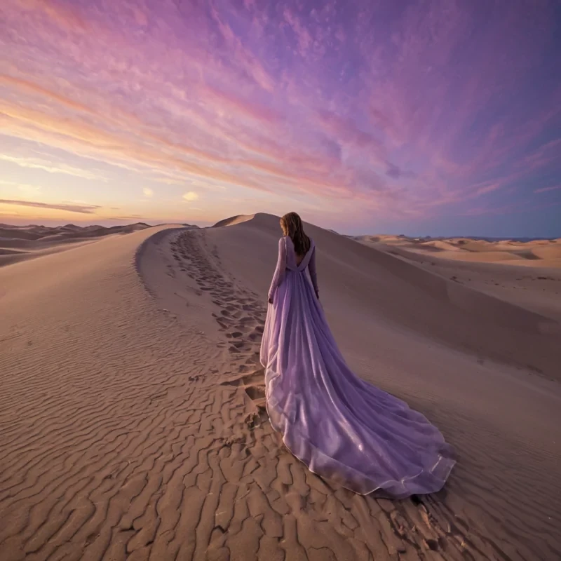 A wideangle, photorealistic shot of a vast, desert landscape composed entirely of smooth, undulating dunes of iridescent, crushed motherofpearl sand, shimmering in hues of soft pink, lavender, and pearlescent white under a twilight sky. Rising from the center of the dunes is a colossal, spiraling staircase made of frosted glass and brushed steel, twisting upward into the clouds without a visible base or top, its steps illuminated by warm, amber recessed lighting. In the foreground, a lone figure wearing a flowing, translucent gown made of shifting holographic fabric stands on a low dune, their silhouette backlit by the fading orange glow of the horizon. The air is still, with fine particles