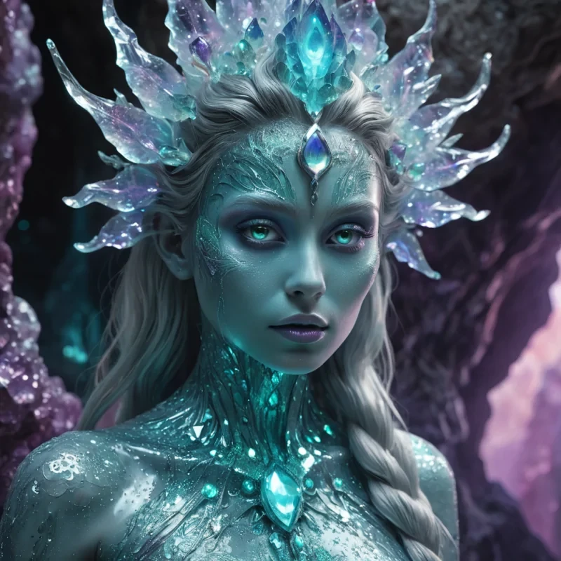 A hyperrealistic, 4K, ultra HD portrait of a mythical being with iridescent, scalelike skin that shimmers like liquid amethyst. The beings eyes, a deep, hypnotic turquoise, seem to swirl with ancient secrets. Their hair, a cascade of opalescent fractals, gently pulses with an otherworldly glow. The background is a surreal, crystalline landscape of glittering geodes and shimmering caverns, with shafts of ethereal light filtering through the translucent rock formations. Cinematic lighting accentuates the beings otherworldly features, while a soft focus blurs the mesmerizing crystalline surroundings, creating an enchanting atmosphere.