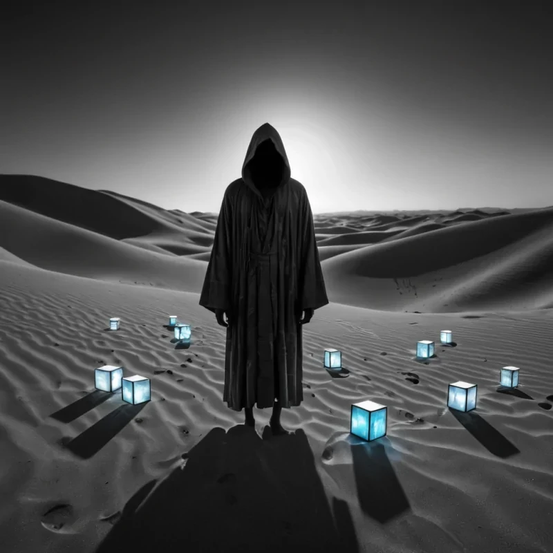 A hyperrealistic, 4K portrait of a sentient, levitating, neonlit holographic Rubiks cube, its ethereal form pulsating with intricate, bioluminescent fractal patterns, set against a surreal, monochromatic landscape of undulating, shadowy dunes, with volumetric lighting casting dramatic shadows and emphasizing the cubes dynamic, fluid movements, and a subtle, cool bokeh effect creating a sense of isolation and mystery, as a lone, spectral figure, cloaked in a tattered, hooded robe, stands silently at the edge of the frame, their face obscured by shadows, adding an enigmatic, haunting touch to the otherwise abstract scene.