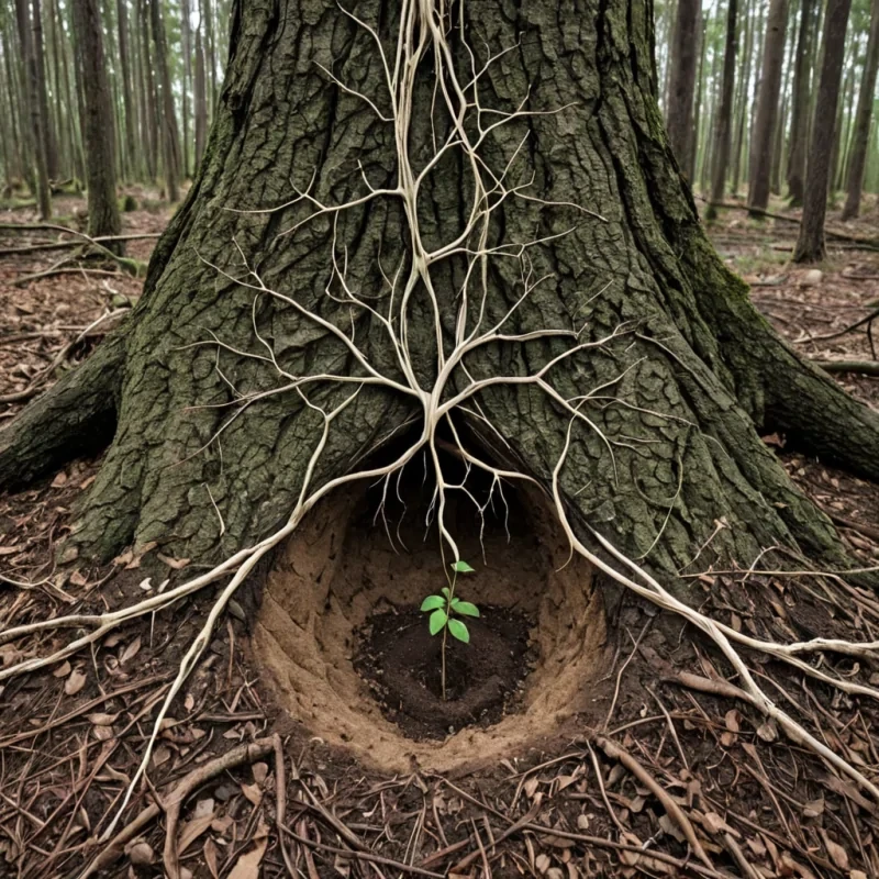 A single, selfattuning filament of reversed geometry, shaped like a 117dimensional lattice of unformed symmetry and inverted proportion, hums at the center of a vast, inverted forest of solidified growtheach tree sculpted from the exact moment between a seed cracking open and its refusal to sprout, a root extending and dissolving into nonpenetrating earth, a leaf unfurling and collapsing into pure, unmeasured stillness. The filament does not constructit unconstructs, each trembling node shedding a layer of organic potential that never coalesced into a shared form, reforming into ephemeral, malachitethreaded afterimages shaped like the negative space between two hands that never touched soil.
