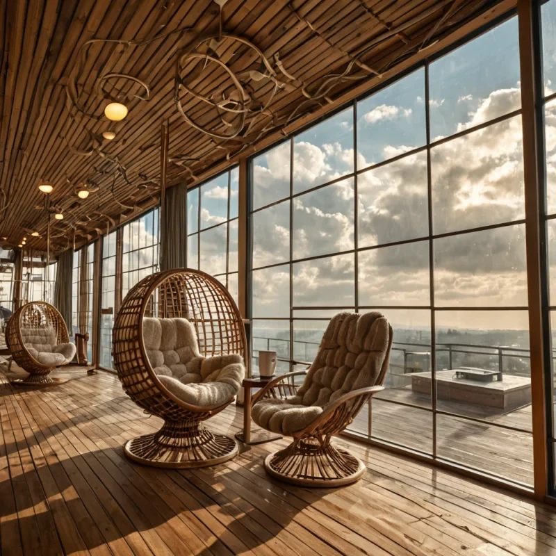 A horizontal, wideangle shot of a serene, cloudfilled sky where a massive, retrofuturistic hotel float is anchored by thick, braided steel cables. The structure features a facade of warm, honeycombpatterned wooden slats and floortoceiling windows that reveal a cozy, midcentury modern interior with plush velvet sofas and analog clockwork mechanisms visible through the glass. In the foreground, a small, openair observation deck extends outward, where a person in a creamcolored knit sweater and a widebrimmed hat sits in a suspended wicker chair, holding a steaming ceramic mug. The lighting is soft and golden, typical of early morning, casting gentle shadows that highlight the texture of the wood and the fluffiness of
