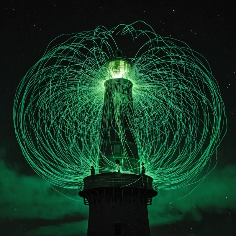 A single, selfilluminating tangle of bioluminescent thread unravels from the center of a floating, inverted lighthouse built from the fused remains of a thousand unlit matches that never sparked, its strands not fibrous but spun from the thermal afterimage of a single, forgotten breath held just before a flame was never lit. The thread does not glowit unglows with each pulse, retracting a millennium of potential combustion into its core, condensing into a dense, emerald knot that hums with the harmonic resonance of a spark that never ignited. The lighthouses lantern room is not glassit is a hollowedout sphere of petrified anticipation, each pane etched with the chromatic afterimage