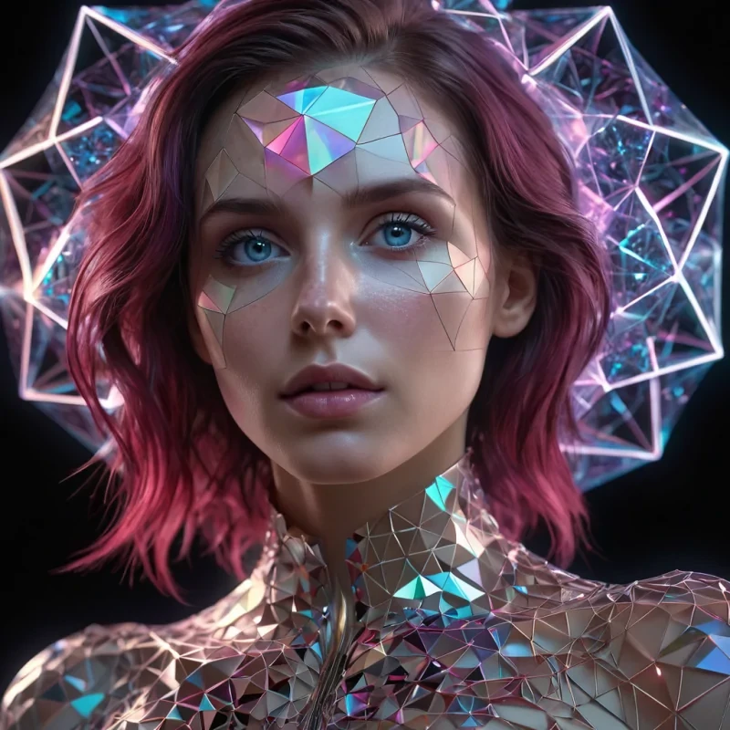 A hyperrealistic, 4K, ultra HD portrait of a quantum architect, her skin shimmering with the iridescent hues of a prism refracting light. The architects eyes, a deep, enigmatic ruby, hold the secrets of a thousand dimensional blueprints. Her hair, a cascade of shimmering, holographic geometric patterns, gently pulses with each beat of her fractal heart. The background is a surreal, hightech observatory filled with floating, selfassembling polyhedra and the soft glow of quantum topometers. Cinematic lighting accentuates the architects otherworldly beauty, while a subtle bokeh effect blurs the neonlit multiverse, creating an intimate, focused atmosphere.