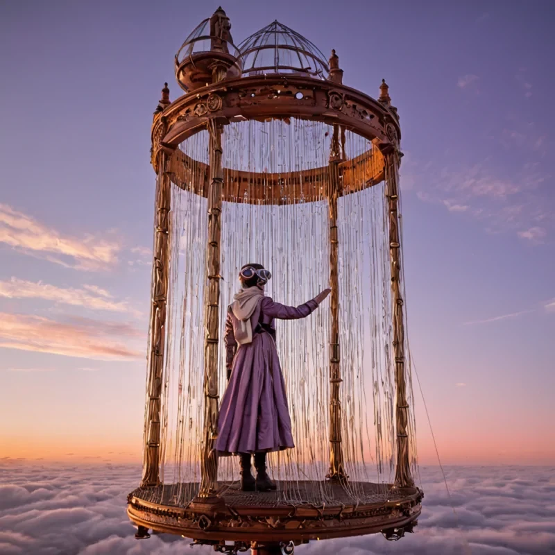 A vertical, eyelevel medium shot of a massive, suspended loom constructed from interlocking rings of polished mahogany and silver gears, floating in a vast, cloudfilled sky at dawn. The loom is weaving a tapestry made not of thread, but of solidified beams of golden sunlight and strands of iridescent silk, creating a shimmering curtain that drifts on the wind. In the foreground, a figure wearing an elaborate, Victorianstyle aviator outfit with leather goggles and a flowing, creamcolored scarf stands on a small, openair platform, carefully guiding a shuttle of molten glass through the weave. The background features a soft, pastel sky of peach and lavender hues, with distant, floating islands of mosscovered stone visible through