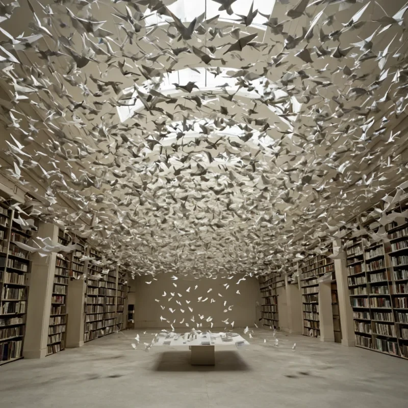 A single, selfsustaining library of floating, translucent origami birds hovers in the center of a vast, still chamber made of solidified soundwaves, each bird crafted from a single, folded sheet of paper that contains the entire history of a language that was never spoken. The birds do not flythey drift in slow, silent rotation, their wings etched with the faint, iridescent script of forgotten dialects, each fold revealing a new phonetic pattern that hums softly when touched by a breath from the future. The chamber walls are not stonethey are layered sheets of compressed silence, arranged in a spiral that spirals outward like a breath held too long, each layer glowing faintly with the afterimage of a conversation that