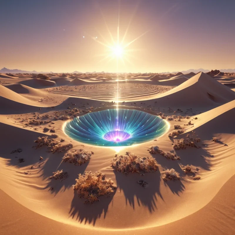 A hyperrealistic, 4K, ultra HD, crystalline desert oasis, its geometric structures rising from the shimmering, iridescent sands. Volumetric lighting from a distant, pulsating, celestial core etches the oasiss ethereal, labyrinthine architecture, casting intricate, dynamic, prismatic shadows on the inverted, reflective dunes. Cinematic lighting bathes the scene in vibrant, opalescent hues, with lens flare emphasizing the oasiss central, radiant, crystalline fountain, pulsating with captive, alien, thermal energy. Photorealistic, fractal, crystalline formations unfurl ultra HD, zero gravity, aerodynamic ecosystems, creating a surreal, otherworldly paradise.