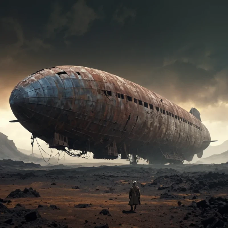 A colossal, ancient, derelict zeppelin, its rusted, weathered hull looming over a desolate, volcanic landscape, stands as a silent, forgotten relic. The zeppelins colossal, dormant hydrogenfilled envelope, a labyrinth of interlocking, iridescent metal struts, casts dynamic, ethereal shadows across the barren terrain, revealing intricate, ancient runes etched into the weathered, lavakissed terrain. Within, a lone, spectral figure, clad in a tattered, vintage airship captains uniform, drifts through the desolate interior, their form composed of swirling, emberkissed motes of light. Ultra HD, cinematic volumetric lighting