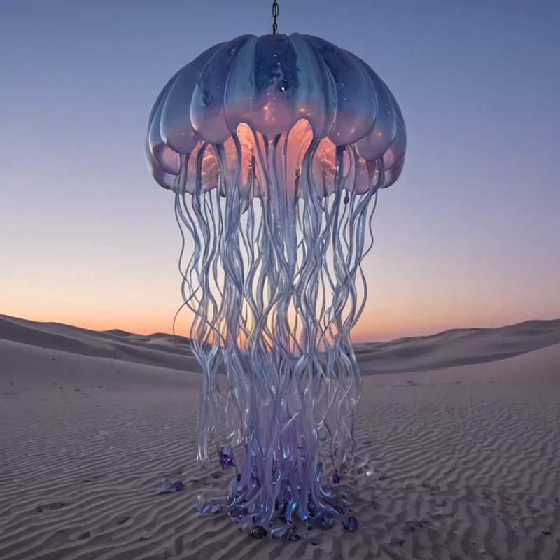 A horizontal, eyelevel wide shot of a vast, undulating desert composed entirely of fine, iridescent blue glass shards that shimmer like a frozen ocean under a sky dominated by three overlapping, pale crescent moons. In the center stands a towering, organic structure resembling a giant, translucent jellyfish, its bell made of stretched, semiopaque latex in soft gradients of peach and lavender, while hundreds of delicate, glowing tentacles drape down to touch the ground, pulsing with gentle bioluminescence. Scattered across the glass dunes are small, geometric wind chimes crafted from raw copper and polished obsidian, each one suspended by thin, silver wires that catch the breeze. In the foreground, a solitary figure wearing a sleek