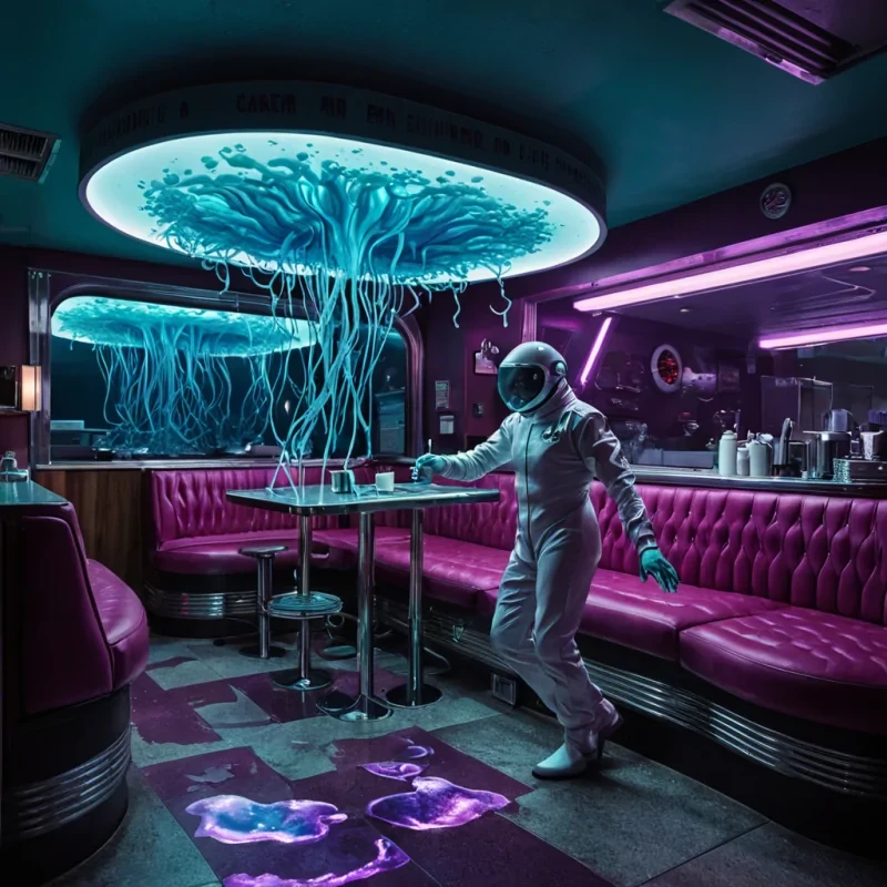 A splitlevel, hyperrealistic interior of a submerged, retrofuturistic diner where the floor is a seamless pane of reinforced glass revealing a bustling coral reef in the twilight zone below. The upper level features curved booths upholstered in crushed velvet in deep magenta and teal, with vintage chrome fixtures emitting a warm, tungsten glow that contrasts with the cool, bioluminescent blues and purples rising from the ocean depths. A barista in a sleek, white hydroponic suit serves a steaming cup of espresso that swirls with microscopic, glowing kelp strands, while condensation beads on the glass table reflect the dancing shadows of passing jellyfish. The scene is rendered in 8K resolution with volumetric lighting, capturing the