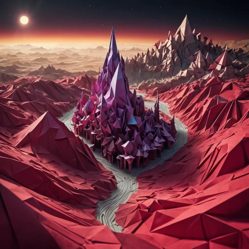 An ancient, colossal, sentient origami city, folded from a single, colossal sheet of shimmering, iridescent paper, unfurls across a vast, undulating, crimson dune sea. The citys intricate, interlocking geometry casts dynamic, ethereal shadows across the desolate landscape, revealing ancient, luminescent sigils that pulse with an otherworldly energy. Within, a spectral figure, clad in a tattered, vintage origami artists uniform, drifts through the desolate space, their form composed of swirling, papercraft motes of light. Ultra HD, cinematic volumetric lighting, atmospheric lens flare, vibrant, origamiinspired colors.