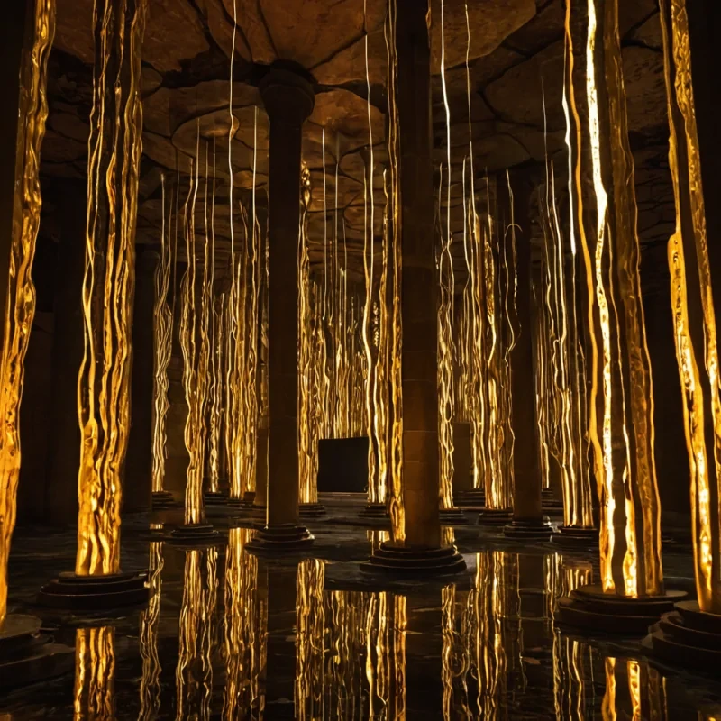 A horizontal, eyelevel wide shot of a subterranean cathedral constructed entirely from massive, vertically stacked layers of compressed, translucent amber sediment, where each stratum reveals fossilized imprints of ancient, geometric cities that glow with a soft, internal golden light. Suspended from the vaulted ceiling by slender, gilded chains are thousands of delicate, porcelain teacups, each emitting a thin, vertical column of aromatic, scented steam that coalesces into semitransparent, swirling shapes resembling calligraphy. The floor is a polished surface of black mirror stone that reflects the intricate, glowing layers above, creating an infinite vertical depth. In the foreground, a figure wearing a highnecked, structured gown made of woven iridescent silk and embedded