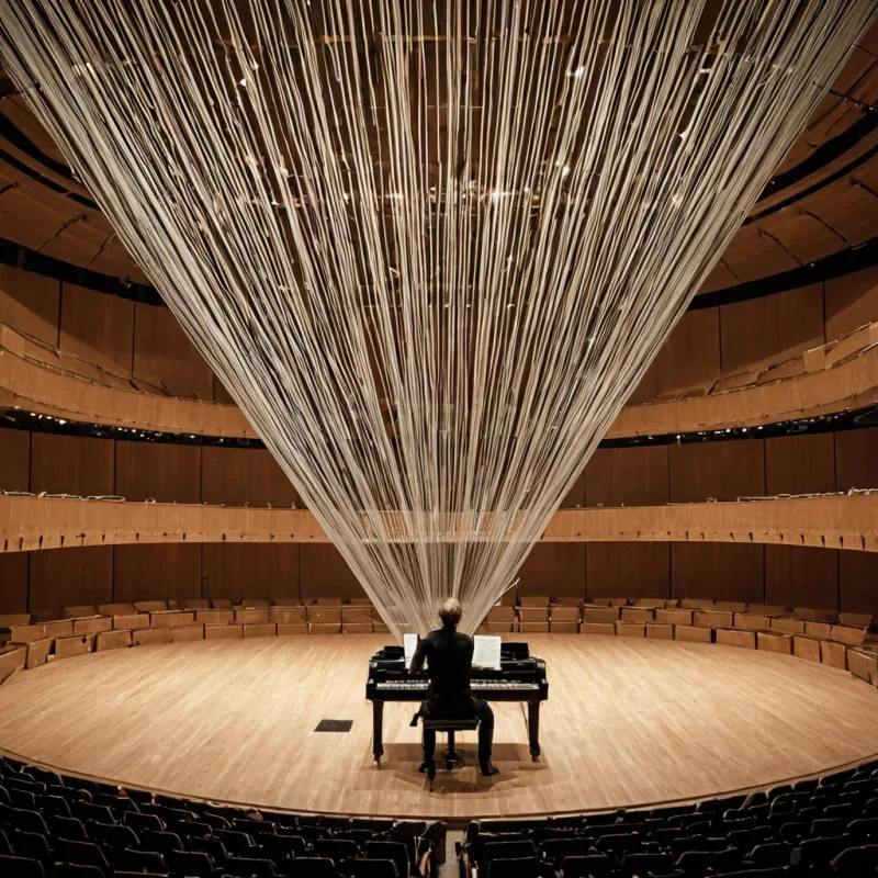 A single, selfoscillating filament of reversed resonance, shaped like a 941dimensional lattice of unformed vibration and inverted frequency, thrums at the center of a vast, inverted symphony hall of solidified silenceeach concert seat carved from the exact moment between a note being played and its refusal to resonate, a chord forming and dissolving into nonharmonic stillness, a conductors baton lifting and collapsing into pure, unmeasured quiet. The filament does not vibrateit unvibrates, each trembling strand shedding a layer of acoustic potential that never coalesced into a shared harmony, reforming into ephemeral, topazthreaded afterimages shaped like the negative space between two hands that never cl