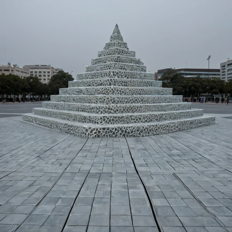 A hyperrealistic, eyelevel wide shot of a vast, silent plaza paved with large, hexagonal tiles of brushed titanium, reflecting a pale, overcast sky. In the center stands a monumental, inverted ziggurat structure crafted entirely from stacked, translucent layers of frosted quartz, emitting a soft, diffuse white light from within. The steps of the ziggurat are populated by hundreds of identical, minimalist mannequins dressed in highcollared, fluid garments made of shifting, iridescent oilslick fabric. The mannequins are arranged in perfect concentric circles, facing outward, their featureless faces blank and smooth. Surrounding the plaza is a low, intricate fence made of interwoven copper wires that