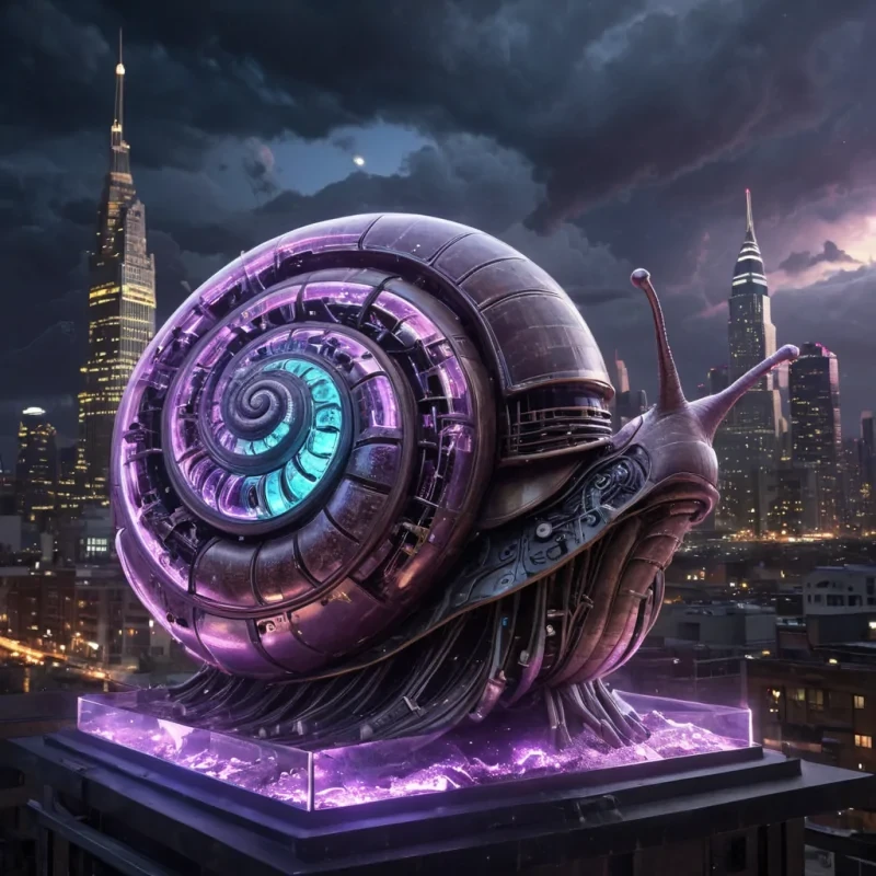 A colossal, ancient, mechanical snail, its metallic shell adorned with intricate, pulsating neon circuits, inches through a stormy, amethyst nebula. Within its transparent, bioluminescent body, a labyrinthine, neonlit cityscape sprawls, its towering, glass spires casting ephemeral shadows on the citys sentient, robotic inhabitants. Rendered in ultra HD, with dynamic lighting, atmospheric effects, and vibrant colors, evoking a sense of surreal, otherworldly wonder at this celestial, mechanical marvel.