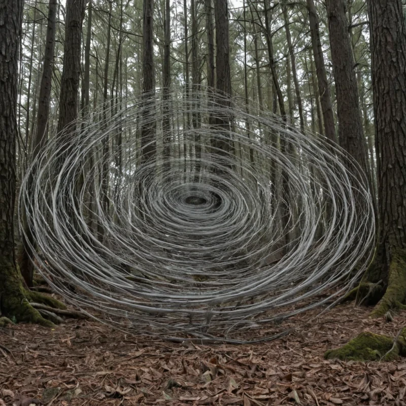 A single, selfunfolding filament of solidified silence, shaped like a spiraling, nonreflective tangle of reversed resonance, pulses at the center of a vast, inverted forest suspended in the thermodynamic equilibrium between two dormant seasons. The filament does not vibrateit unechoes, each twist dissolving a layer of stillness that never coalesced into sound, reforming into ephemeral, ashgray ripples shaped like the negative space between two trees that never swayed in the same moment of mutual wind. The forest is not botanicalit is a layered expanse of petrified breath, each trunk etched with the gravitational residue of a breeze that was almost summoned, its canopy shimmering with the chromatic