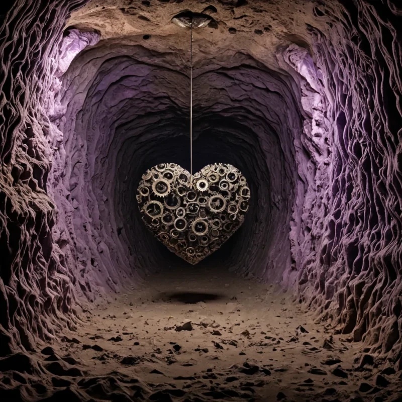 A vast, subterranean cavern carved not by water or fire, but by the collective, synchronized breath of a billion dreamers sleeping in unison across a forgotten continent. The walls are not rockthey are layers of solidified REM cycles, each stratum a different stage of dreaming, etched with the faint, shifting topography of neural pathways firing in perfect harmony. The air does not breatheit pulses, a slow, rhythmic expansion and contraction like a single, shared heartbeat, carrying with it the scent of lavender and ozone from a memory no one can name. Suspended in the center of the cavern is a colossal, floating clockwork heart made of interlocking gears forged from compressed moonlight and unremembered lullabies, its