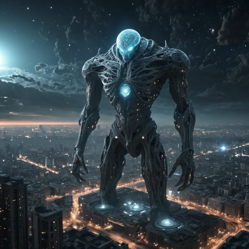 Photorealistic, Ultra HD, colossal, ancient, cinematic, levitating, crystalline colossus, its detailed, fractal surface adorned with intricate, 4K, neonlit filigree, hovers silently over a desolate, alien, neonlit metropolis. The colossus massive, volumetric, antigravity engines cast intricate, atmospheric shadows across the urban landscape, while its powerful, cinematic searchlights, crafted from swirling, neonlit vortexes, illuminate the distant, swirling galaxies, creating a soft, ethereal bokeh effect that dances with the scenes lens flare, as the rhythmic, atmospheric calls of unseen creatures echo through the thin, atmospheric air.