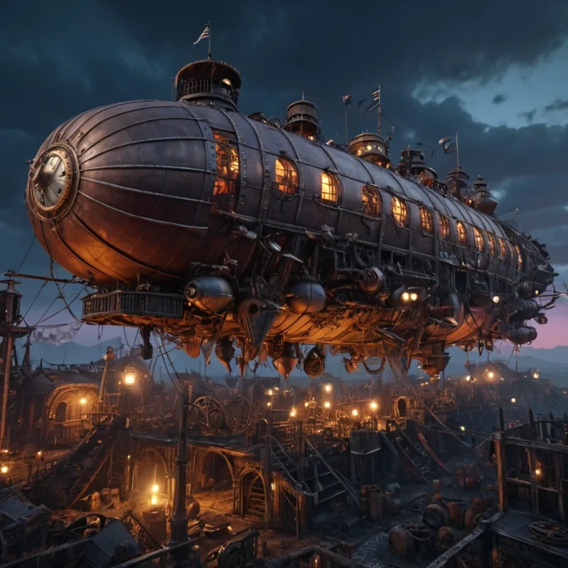 A hyperrealistic, steampunkinspired airship graveyard, enveloped in a perpetual twilight, with intricate textures and dynamic lighting, 4K resolution.