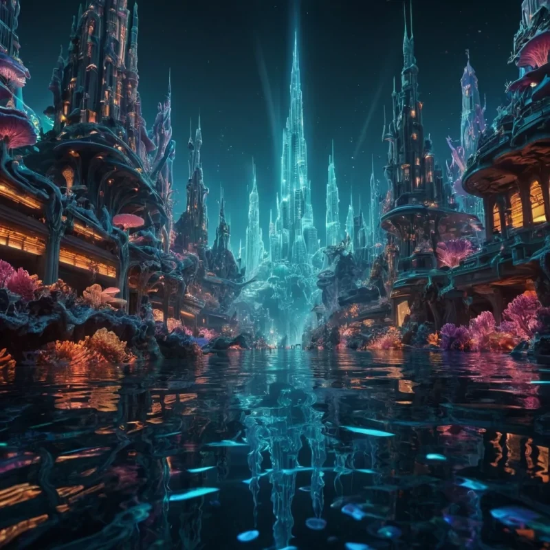 Photorealistic, colossal, undulating, coralencrusted, aquatic metropolis, its hyperrealistic, 4K, labyrinthine streets teeming with bioluminescent, iridescent life. Volumetric lighting casts intricate, dynamic shadows on the citys mirrored, geometric underwater surface, while atmospheric effects create a mesmerizing, otherworldly haze. Cinematic lighting bathes the scene in vibrant, shifting colors, with lens flare emphasizing the citys central, radiant, pulsating, crystalencrusted spire.