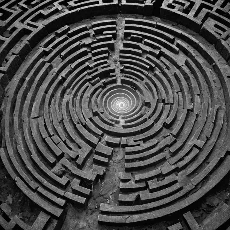 A single, selfilluminating filament of solidified wind weaves through the center of a vast, still labyrinth built entirely of compressed, unspoken breaths from a civilization that communicated through the temperature of unlit hearths. The filament does not unravelit spirals, condensing into a slow, rotating helix shaped like the negative space between two palms that never warmed a fire, each twist glowing with the faint, thermal afterimage of a story that was almost told. The labyrinth is not stoneit is a layered expanse of petrified air currents, each corridor etched with the emotional residue of a secret that never left the lips, its walls shimmering with the ghostly outline of a hand reaching for a door that never