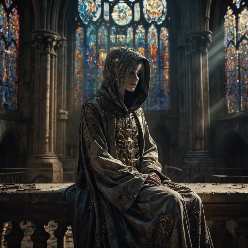A hyperrealistic, 4K portrait of a melancholic, sentient automaton, its metallic body adorned with intricate, tarnished filigree, sitting alone in a vast, abandoned cathedral, surrounded by towering, gothic arches and faded, stainedglass windows, with cinematic lighting casting dramatic shadows and emphasizing the intricate, steampunkinspired design, and a subtle, cool bokeh effect creating a sense of isolation and melancholy, as a lone, spectral comet streaks across the night sky, its glowing tail leaving a trail of stardust in its wake, while a spectral, ethereal figure, cloaked in a tattered, hooded robe, stands silently at the edge