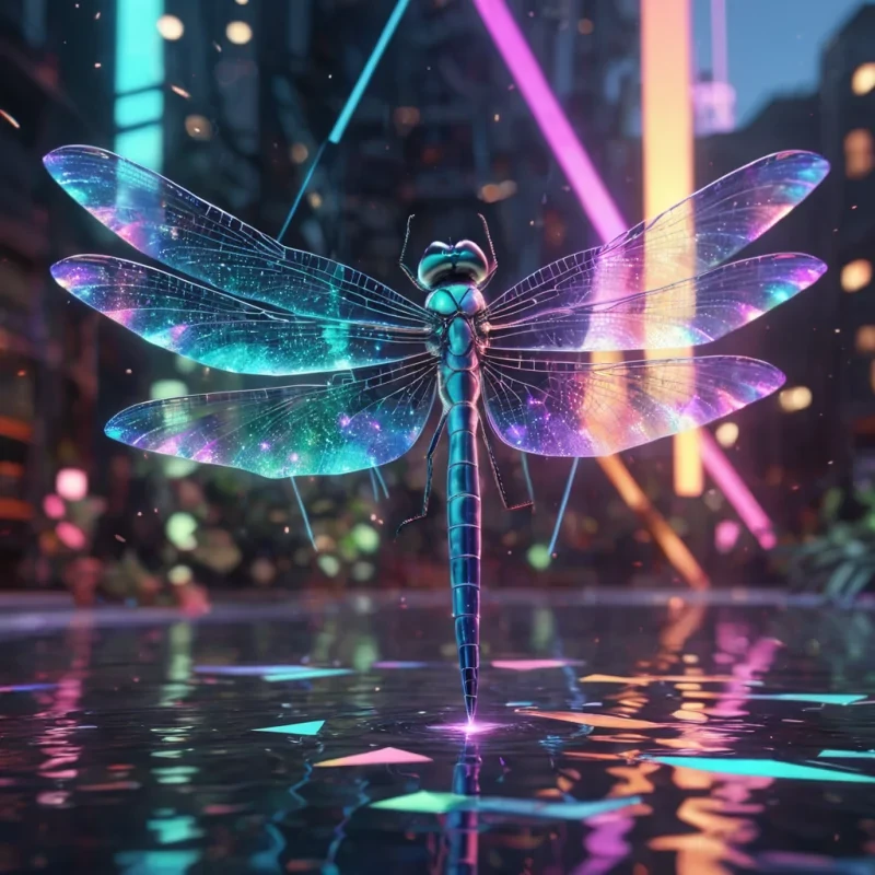 Hyperrealistic neon dragonfly with iridescent wings, gracefully hovering over a floating, geometric cascade of reflective, swirling pastel triangles, dynamic lighting with volumetric beams, soft focus on its delicate, luminescent body, vibrant colors, 4K resolution, lens flare dancing around its ethereal form in a surreal, futuristic urban oasis.