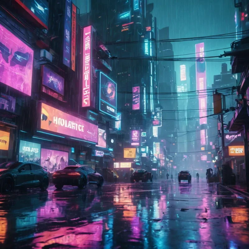 A vast, neonlit cyberpunk cityscape where holographic billboards advertise futuristic products, while rainsoaked streets reflect the glow of levitating drones, hyperrealistic, 4K, cinematic lighting, volumetric lighting, atmospheric effects, bokeh effect, vibrant colors, detailed textures.