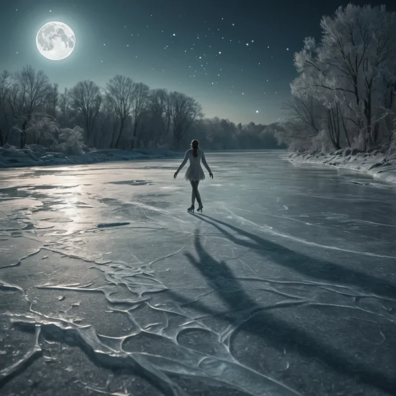 A lone figure skating on a frozen river under a full moon, the ice glowing with intricate, fractal patterns, hyperrealistic, 4K, cinematic lighting, volumetric lighting, atmospheric effects, dynamic lighting, bokeh effect, soft focus, lens flare, pastel tones, detailed textures.