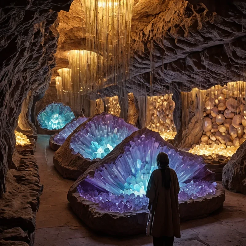A horizontal, eyelevel wide shot of a sprawling, subterranean marketplace carved into the hollowedout interior of a colossal, translucent geode, where the walls shimmer with massive, faceted crystals of amethyst, citrine, and turquoise. The air is filled with a soft, hazy glow emanating from hundreds of suspended, paperlanternlike pods made of woven, glowing silk that drift slowly above the stalls. In the foreground, a master weaver with smooth, terracottatoned skin and wearing a loose, asymmetrical tunic of undyed linen layered with intricate, metallic threadwork stands at a massive, horizontal loom. They are threading strands of liquid silver light through the warp, creating a tapestry that