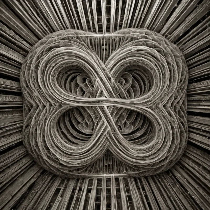 A single, selfilluminating fractal knot of solidified silence drifts in the center of a vast, still archive composed entirely of inverted, petrified echoes from a civilization that communicated through the texture of unbroken silence. The knot does not unravelit pulses, expanding and contracting with the rhythm of a breath that never existed, each strand shaped like the negative space between two lips that never parted, glowing with the faint, subsonic afterimage of a word that was almost whispered into the void. The archive is not made of paper or metalit is a layered expanse of suspended resonance, each shelf etched with the emotional residue of a conversation that never occurred, its surface shimmering with the ghostly outline of a handshake