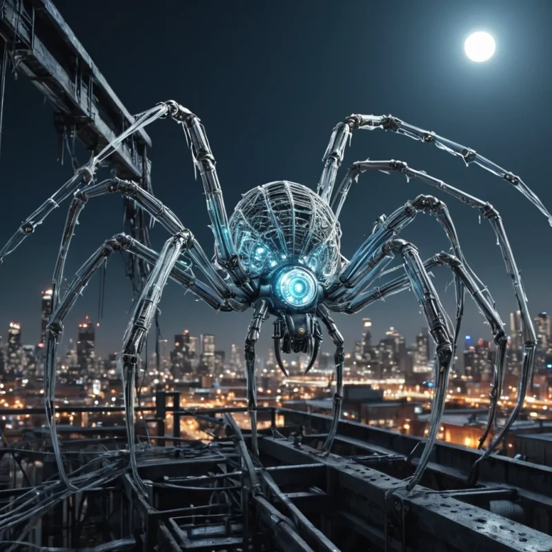 A giant, mechanical spider weaving a luminescent web across a moonlit, industrial skyline, hyperrealistic, 4K, cinematic lighting, volumetric lighting, atmospheric effects, dynamic lighting, bokeh effect, soft focus, lens flare, cool silvers and icy blues, detailed textures.