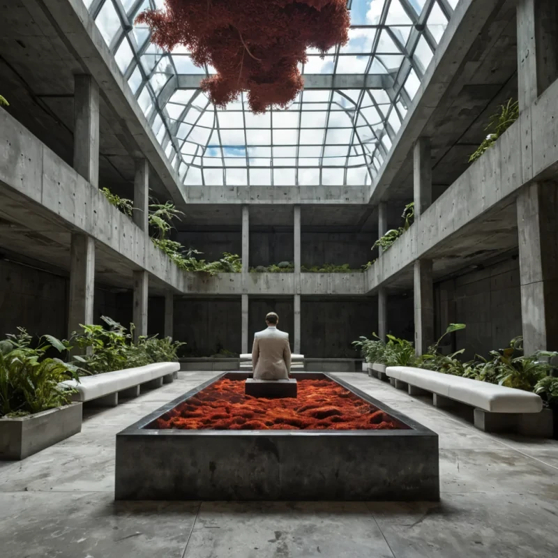 A wideangle, photorealistic view of a serene, sundrenched atrium within a massive, Brutalist concrete structure, where the ceiling is an open grid revealing a sky filled with slowmoving, oversized clouds of iridescent vapor. Suspended from the high ceiling by thin, nearly invisible cables are hundreds of large, circular terrariums made of thick, frosted glass, each containing a miniature, selfcontained ecosystem of vibrant red moss and glowing white stones. The floor is composed of polished, reflective black marble that mirrors the terrariums and the sky above, creating a disorienting sense of infinite depth. In the foreground, a person wearing a sleek, creamcolored linen suit sits on a low, sculptural bench, reading