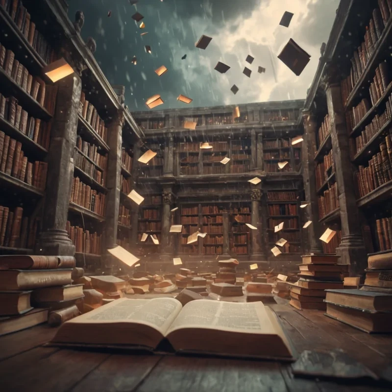 A levitating, ancient stone library suspended in a stormy sky, pages of books gently turning with a life of their own, hyperrealistic, 4K, cinematic lighting, volumetric lighting, atmospheric effects, dynamic lighting, bokeh effect, soft focus, lens flare, pastel tones, detailed textures.