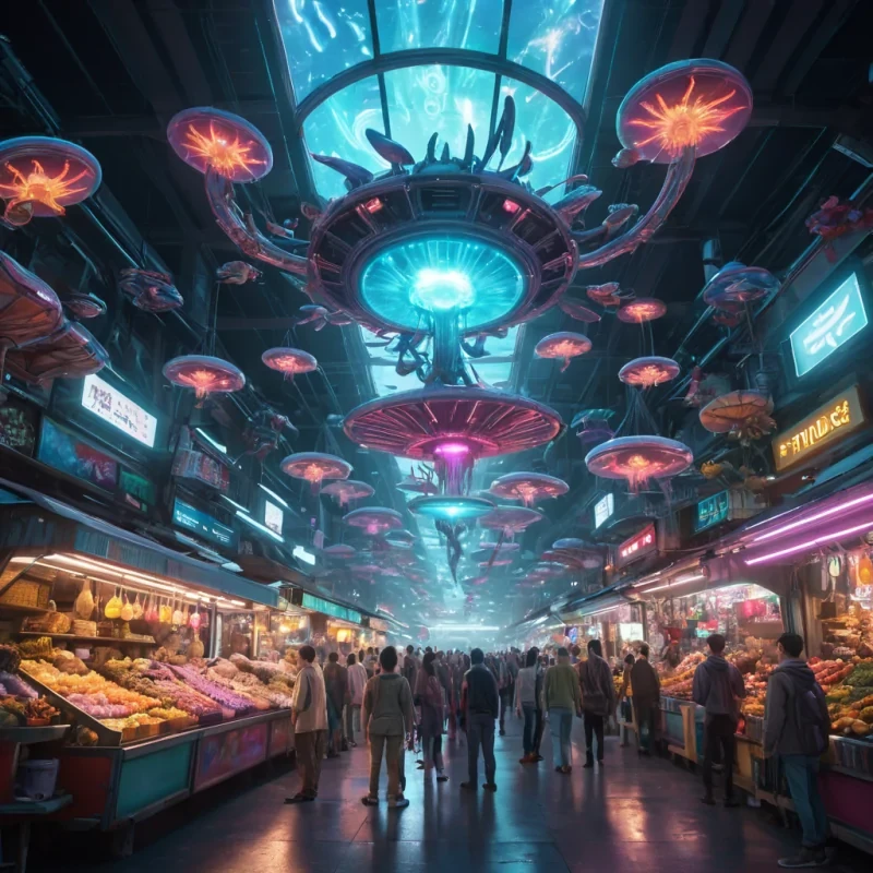 A futuristic, neonlit market on the underside of a colossal, levitating platform, where vendors sell levitating, holographic trinkets and glowing, alien flora to bustling crowds of anthropomorphic, cybernetic creatures, hyperrealistic, ultra HD, cinematic lighting, volumetric lighting, atmospheric effects, lens flare, vibrant colors, detailed textures.