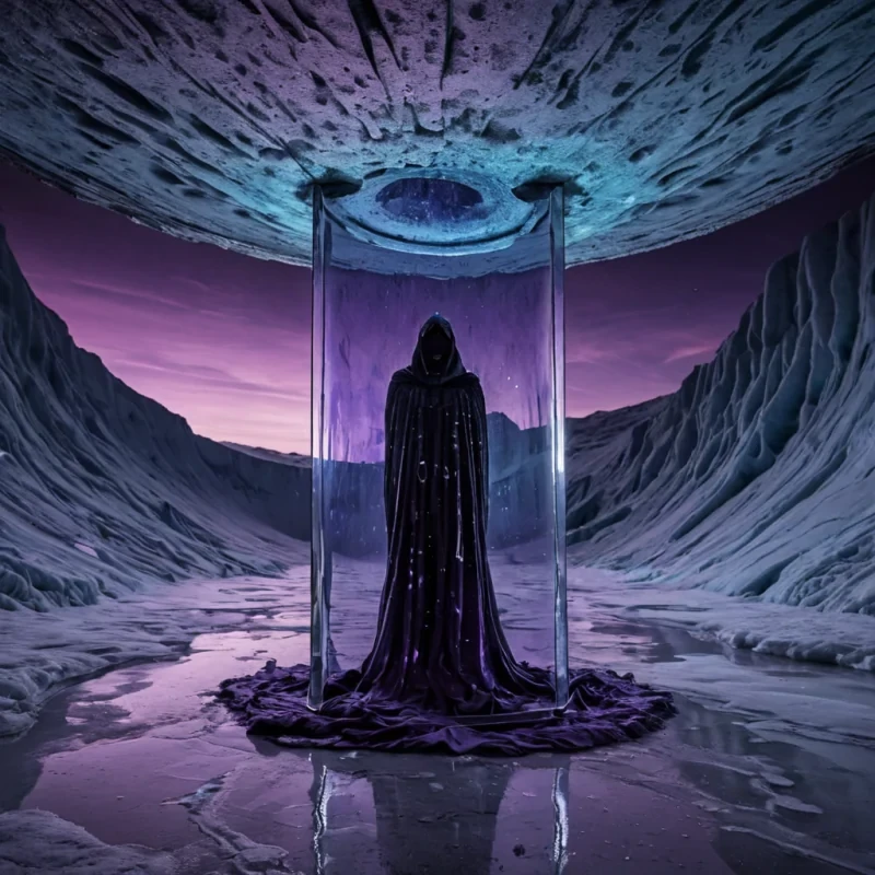 A vast, inverted amphitheater carved into the underside of a floating glacier, suspended in a twilight sky painted in gradients of deep cobalt and bruised lavender. The ice walls are etched with ancient, flowing runes that pulse with an inner luminescence, casting ripplelike light patterns across the arena floor. At the center, a colossal hourglass made of solidified stardust rotates slowly, its sands composed of shimmering silver and violet motes that drift upward into the void, defying gravity. On the polished obsidian stage, a silhouette of a masked figure in a tattered, iridescent cloak stands motionless, flanked by seven floating mirrors that reflect different eras of timeeach reflection slightly blurred, as if