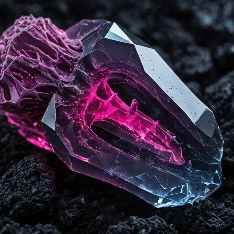 A tight, extreme closeup shot of a single, oversized human tooth, rendered as a polished, translucent crystal structure with internal fractures glowing with pulsing, hot pink neon energy. The tooth stands vertically on a surface of crushed, matte silver powder. Embedded within the crystal enamel are tiny, suspended geometric shards of dark, volcanic glass. The background is a deep, outoffocus void of rich, saturated indigo velvet texture. The lighting is harsh and direct from the upper left, creating sharp, highcontrast highlights on the crystal facets and deep, black shadows in the powder grain, emphasizing the crystalline transparency and the intense internal luminosity. Hyperdetailed, 8K resolution, macro photography, sharp focus, cool metallic tones contrasting with