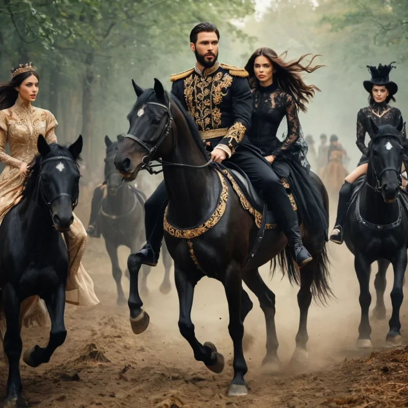 A very clear modern picture of A dark haired, modern handsome king with a beard riding shining black horses along with beautifully dressed, brown haired women. They are chasing a fox