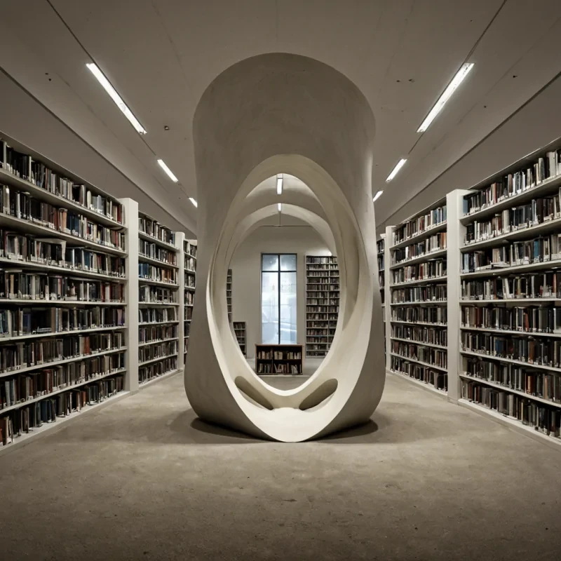 A single, selferoding sculpture of solidified silence, shaped like a Mbius strip of inverted breath, rests at the center of a vast, inverted library made of compressed, unspoken confessions from a civilization that communicated through the duration of synchronized, silent whispering into the void. The sculpture does not vibrateit unwhispers, each fracture dissolving a layer of intimacy that never coalesced into a shared secret, reforming into ephemeral, moonstoneveined afterimages shaped like the negative space between two palms that never touched in the same moment of mutual revelation. The library is not textualit is a layered expanse of petrified intimacy, each shelf a frozen breath of unshared truth, the air