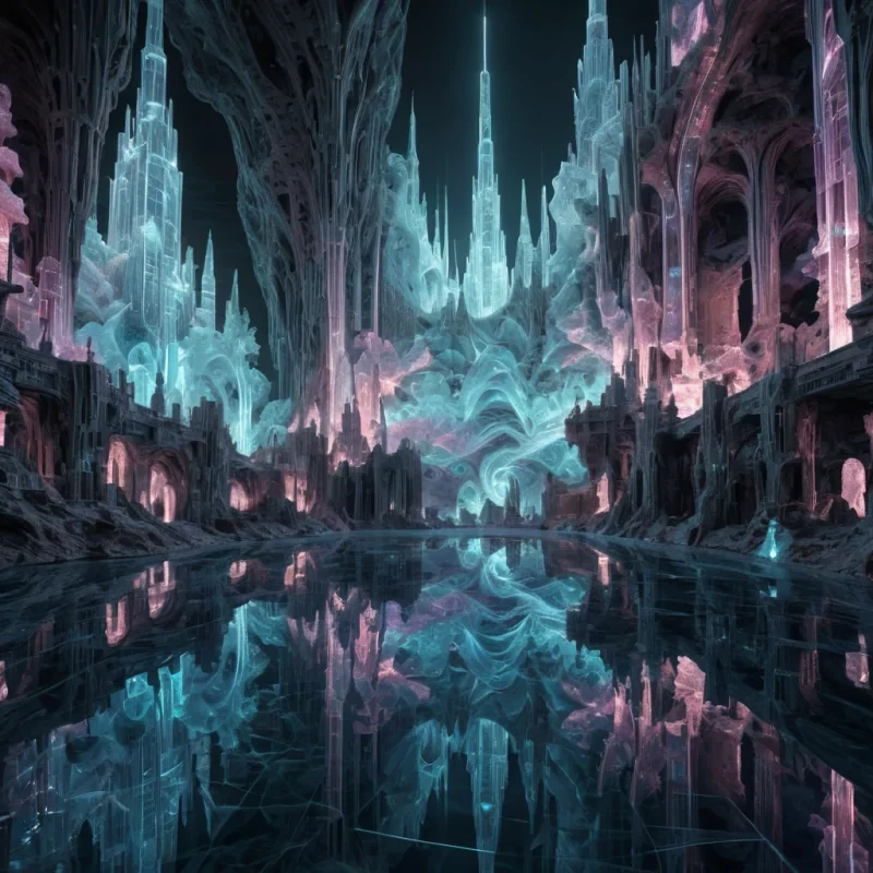 A hyperrealistic, 4K, ultra HD depiction of an opalescent, crystalline underground city, its geometric structures and undulating spires etched in intricate, fractal patterns. Volumetric lighting from a distant, pulsating, bioluminescent source bathes the scene in a mesmerizing symphony of vibrant, prismatic hues. Cinematic lighting accentuates the citys central, radiant, luminescent pool, its rippling, liquid surface casting ethereal reflections on the surrounding, geometric formations. Photorealistic, fractal, zerogravity water formations unfurl in a surreal dance, creating an otherworldly, aquatic ballet.