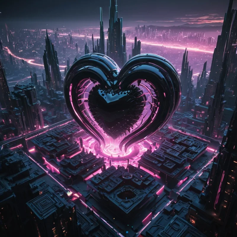 Photorealistic, colossal, levitating, onyx labyrinth, its hyperrealistic, 4K, fractal, obsidian structures unfurling ultra HD, zero gravity, aerodynamic ecosystems. Volumetric lighting from unseen, pulsating, neon hearts etches the citys ethereal, geometric architecture, casting intricate, dynamic, neon shadows on the inverted, reflective void. Cinematic lighting bathes the scene in vibrant, cybernetic hues, with lens flare emphasizing the citys central, radiant, throbbing, quartz heart, pulsating with captive, alien, aerothermal energy.